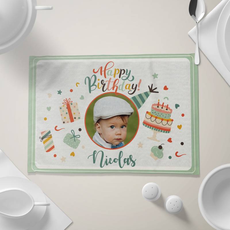 Suport din panza de in pentru farfurie personalizat - Happy birthday